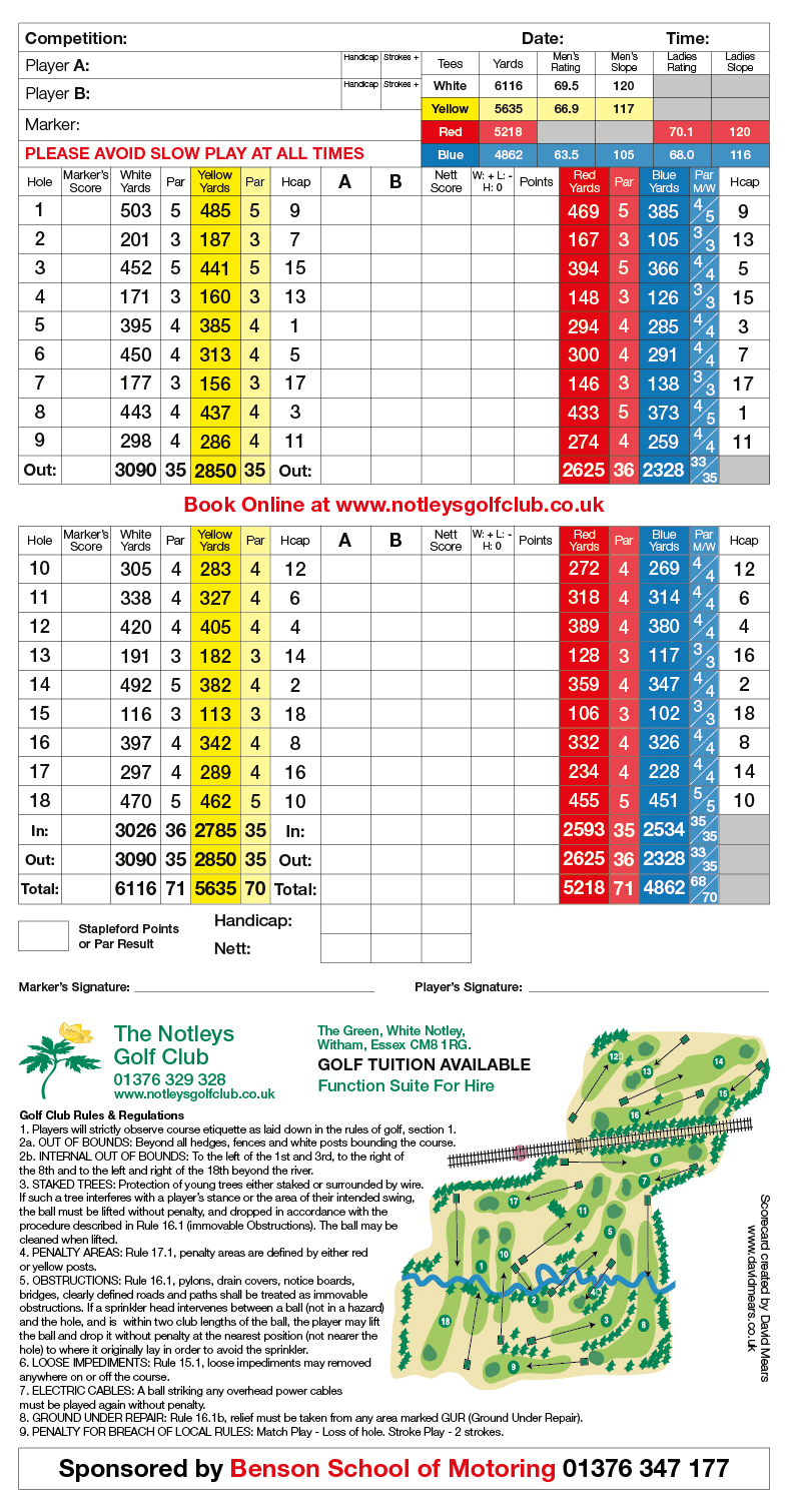 The Notleys Golf Club Scorecard